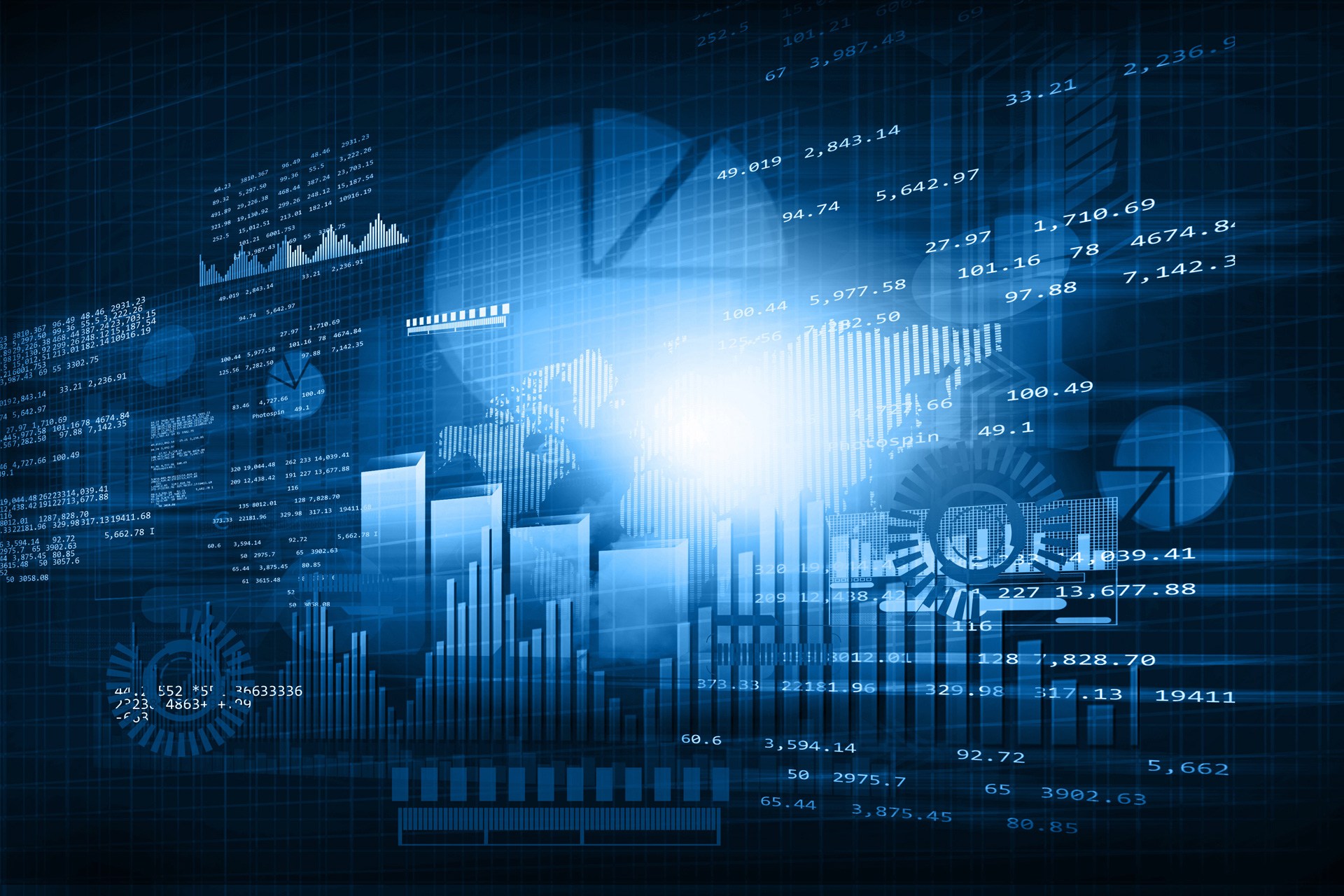 predominantly blue graphic with graphs, charts, and numbers overlay